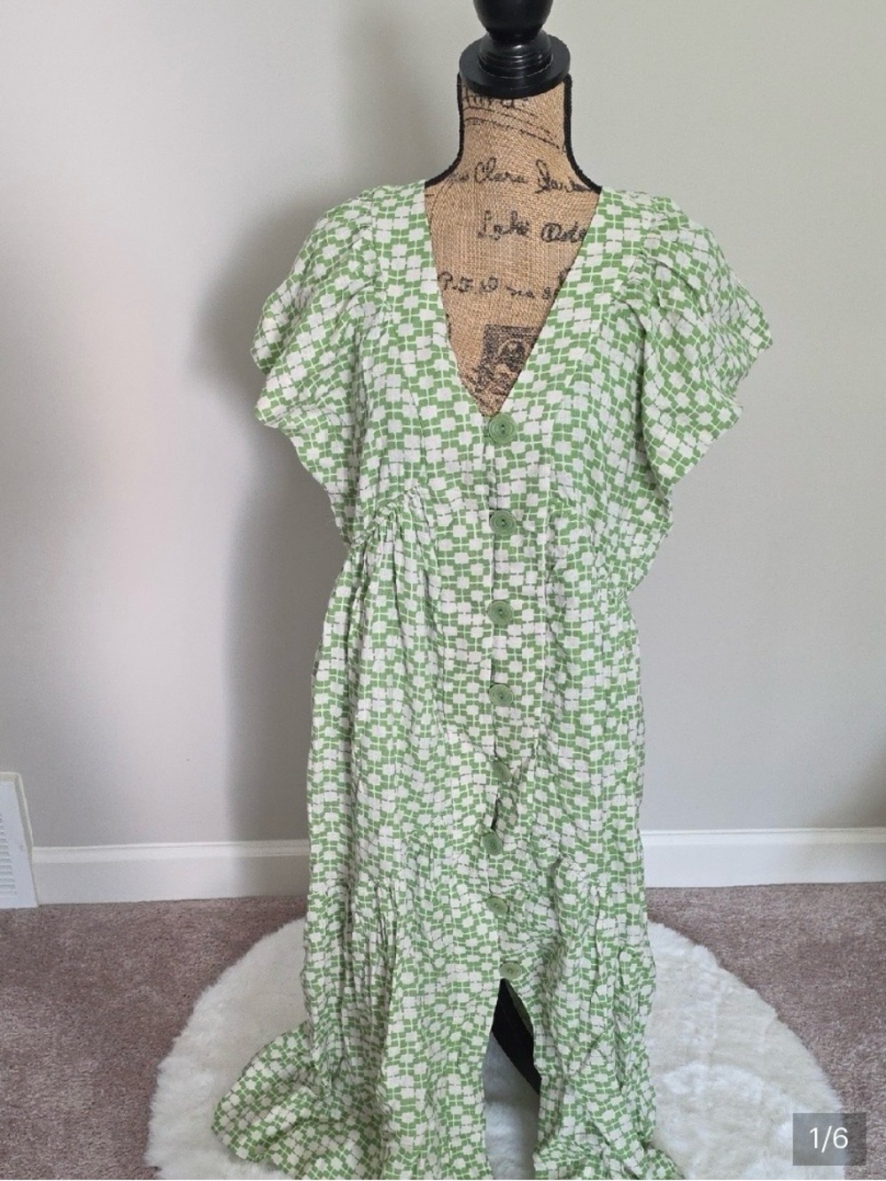 Anthropologie Green and White Button-Front Tiered Maxi Dress